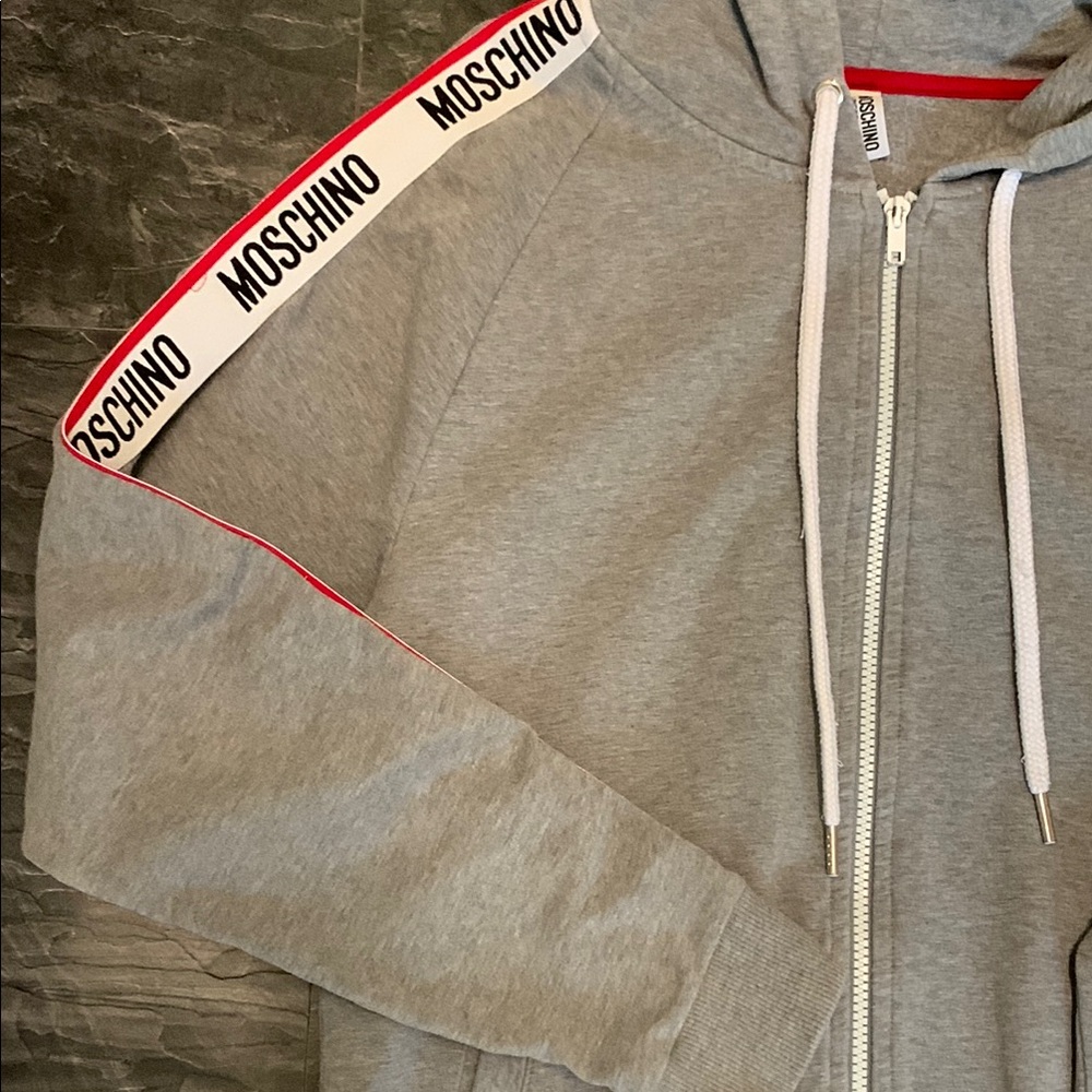 Moschino Gray Zip Up Sweater with Sporty Stripe Detail